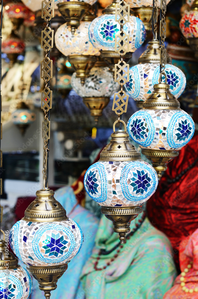 Traditional turksh mosaic lanterns at souvenir shop in Istanbul
