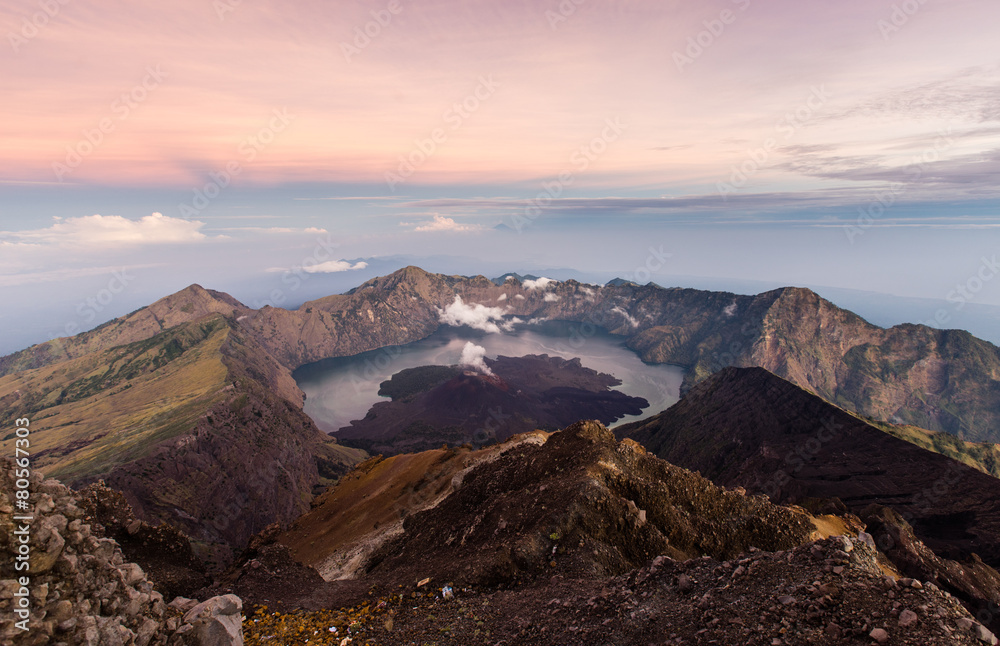 Mount Rinjani at dawn, an active volcano on Lombok island of Indonesia