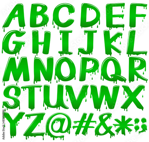Letters of the alphabet in a melting green template