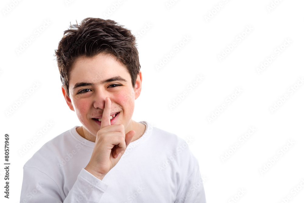 Be silent gesture by Caucasian teenager with acne skin Be silent gesture by Caucasian teenager with acne skin