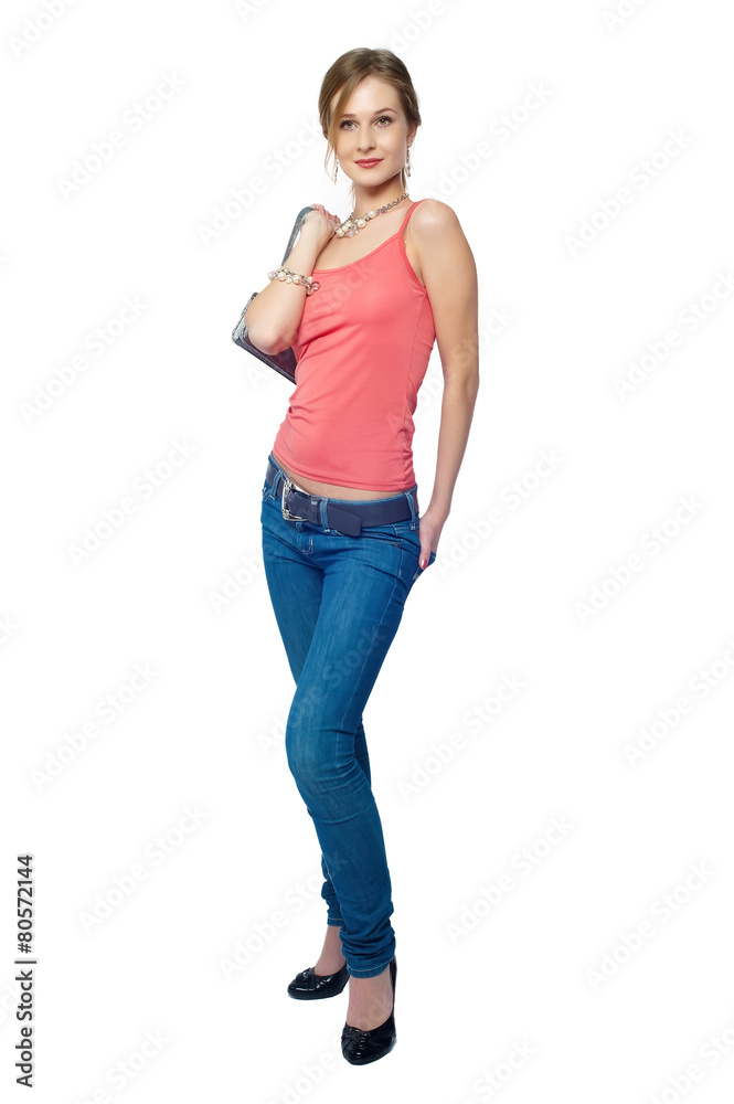Beautiful woman with bag stands over white Beautiful woman with bag stands over white