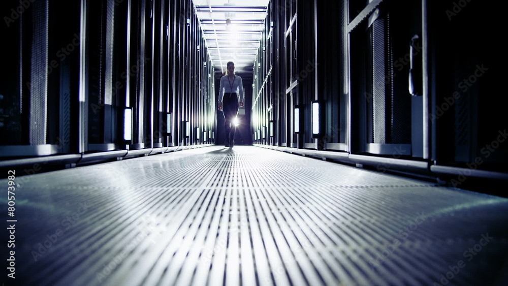 Attractive female IT engineer checking the equipment in a data center