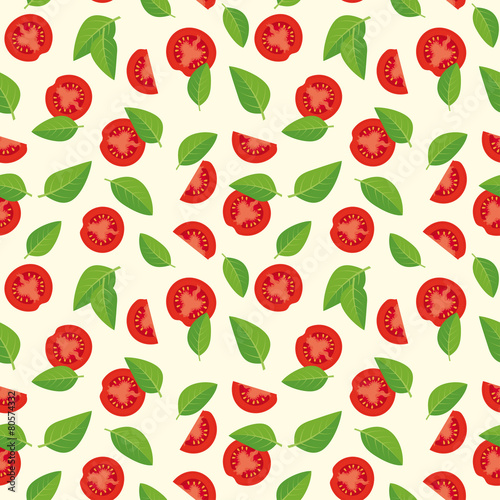 Tomatoes and basil leaves seamless pattern