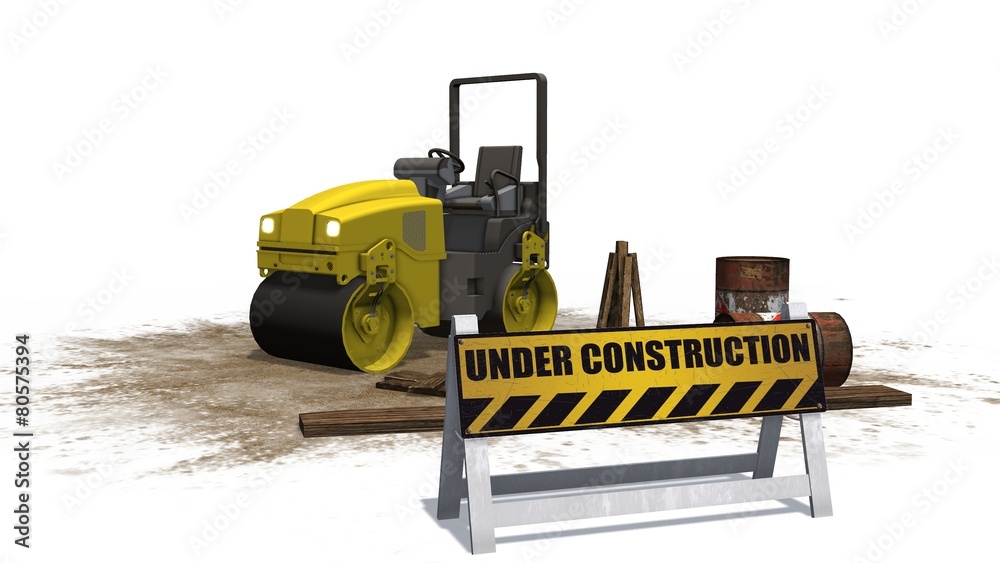 Obraz premium under construction sign and road building machine roller