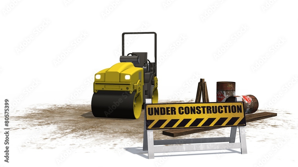 Obraz premium under construction sign and road building machine roller