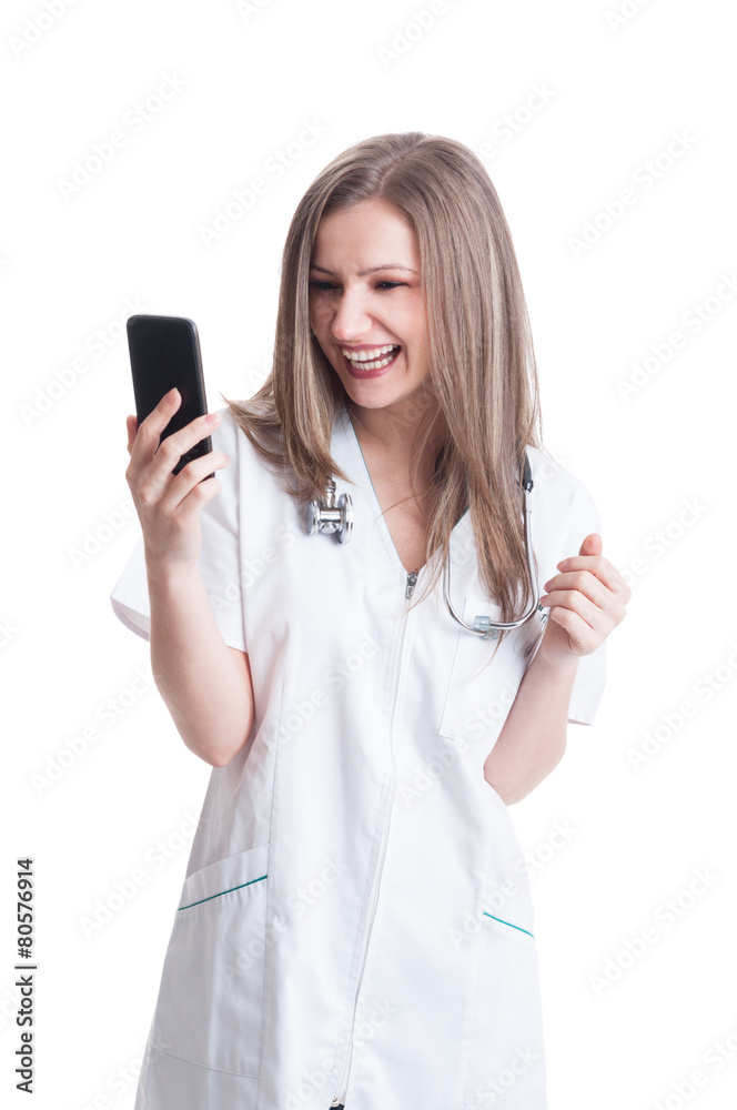 Woman or female medic reading from the smartphone Woman or female medic reading from the smartphone