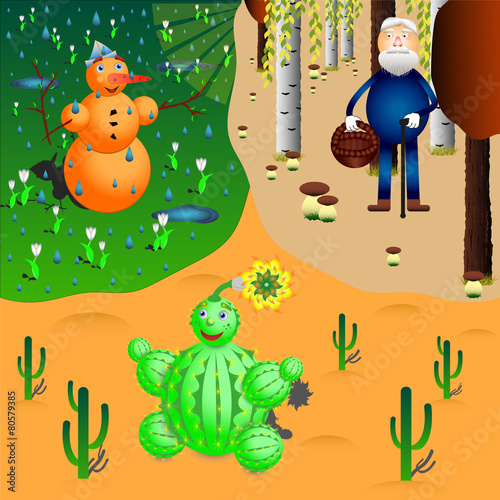 Fototapeta Naklejka Na Ścianę i Meble -  snowman, cactus and oldman in different seasons and weathers