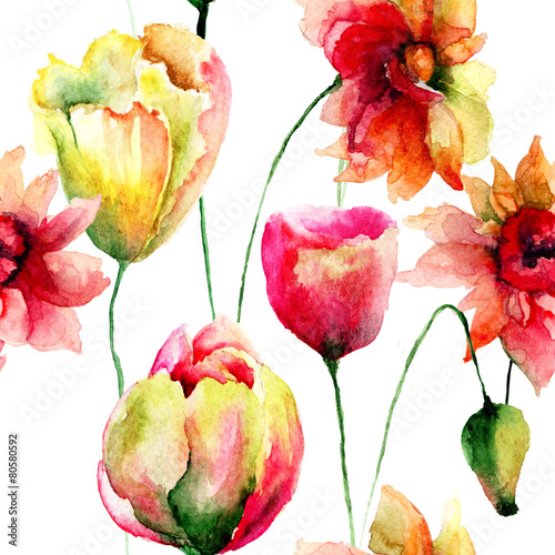 Seamless pattern with Tulip and Poppy flowers