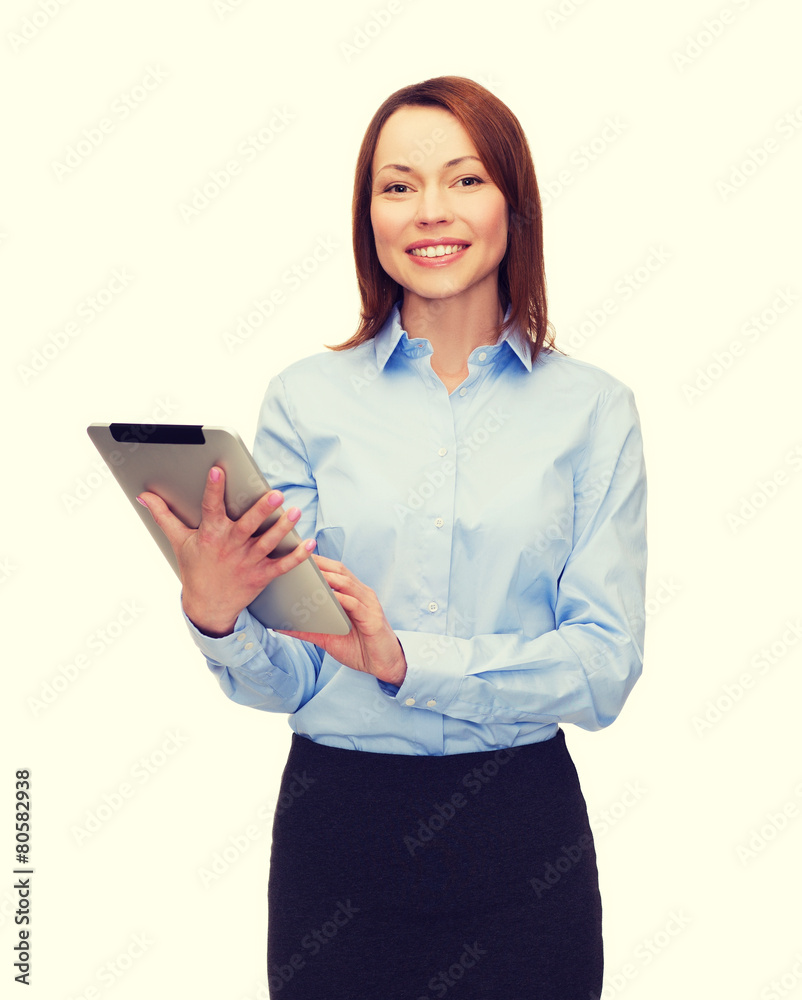 smiling woman looking at tablet pc smiling woman looking at tablet pc