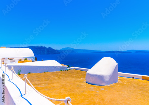 View to the sea from pictorial Oia in Santorini island in Greece