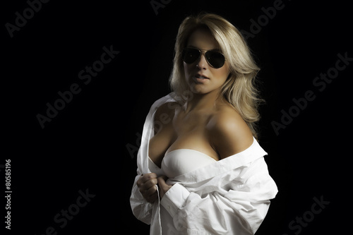 Blonde Latina Aviator Glasses White Dress Shirt
