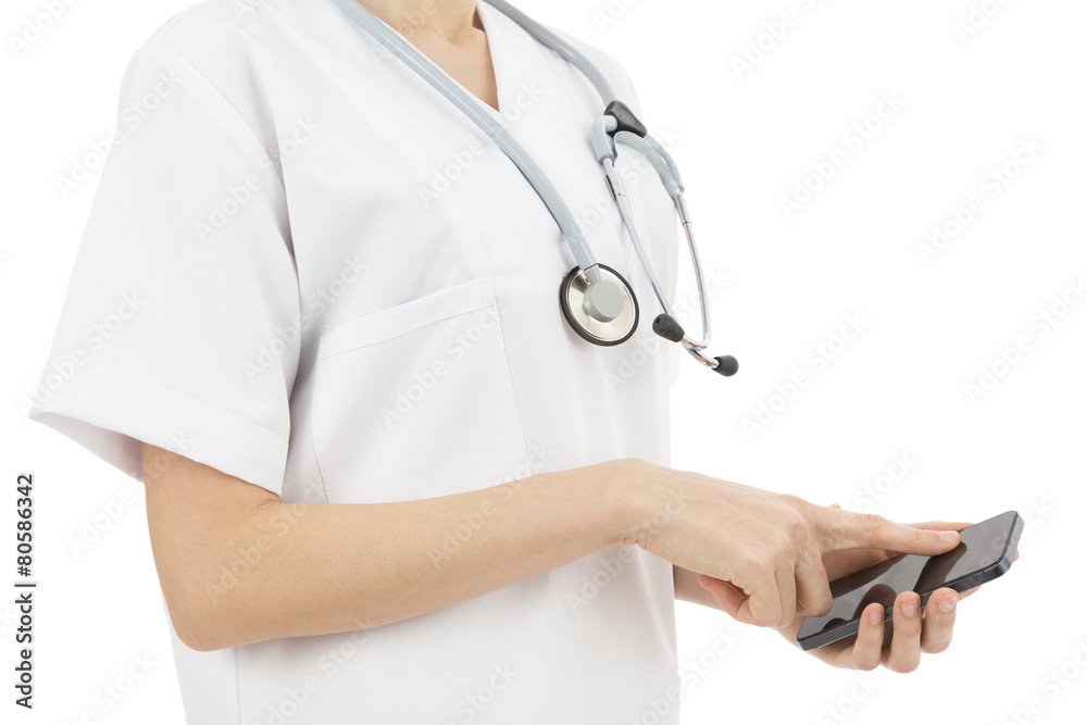 Woman doctor browsing on smart phone Woman doctor browsing on smart phone