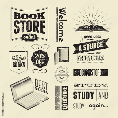 Bookstore typography vector set of vintage design elements.