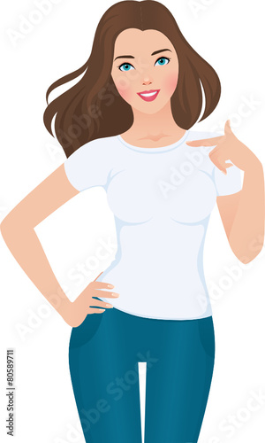 Girl in a white  blank T-shirt on isolated white background