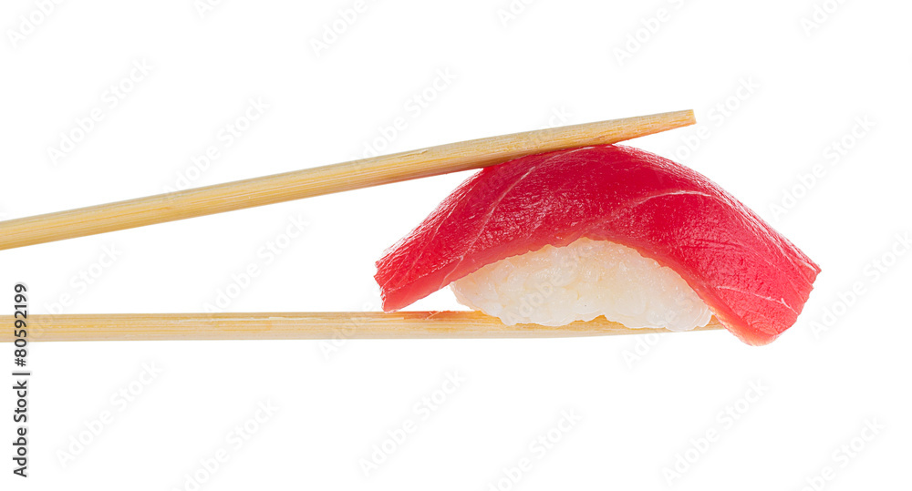 Sushi nigiri with chopsticks isolated on white Sushi nigiri with chopsticks isolated on white