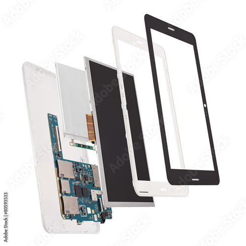 Disassembled tablet computer isolated on white background
