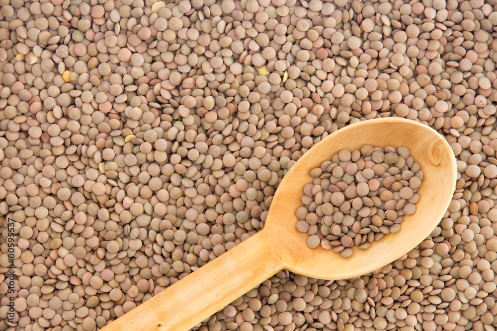 Obraz premium Spoonful of brown lentils over a lentil background