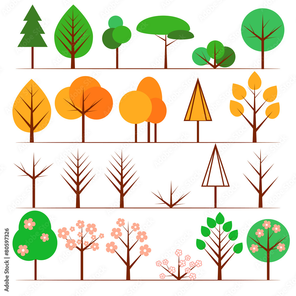 Collection of flat tree icons in different seasons.
