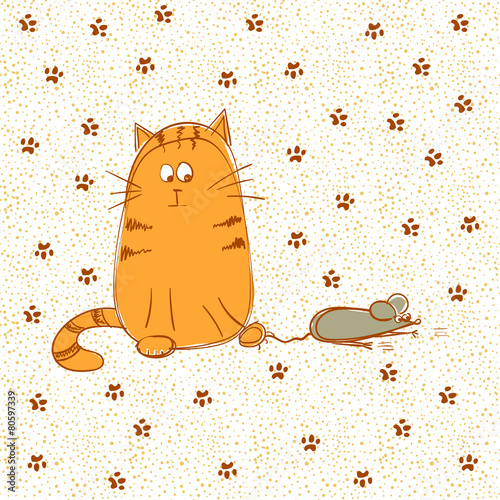 Cat caught a mouse. Doodle vector illustration.