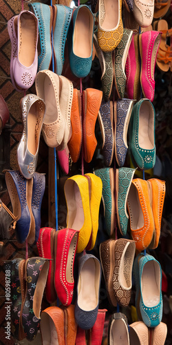 Moroccan colourful leather shoes on display
