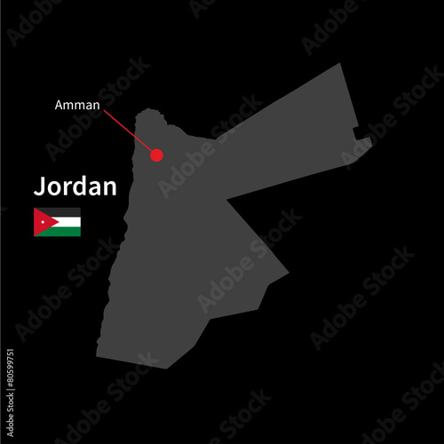 Detailed map of Jordan and capital city Amman with flag on black
