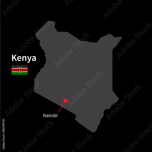 Detailed map of Kenya and capital city Nairobi with flag on