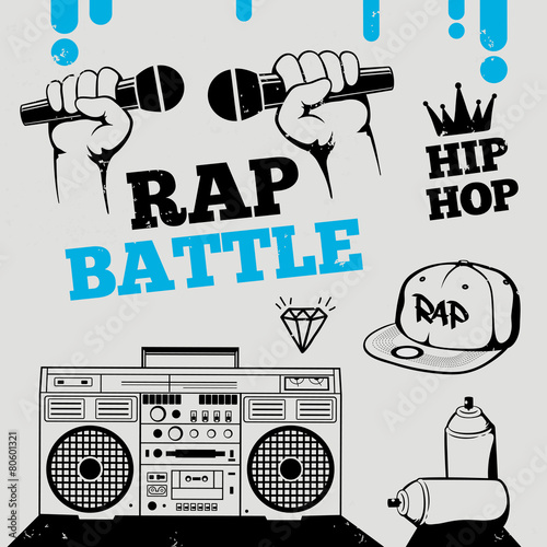 Rap battle, hip-hop, breakdance music icons, elements