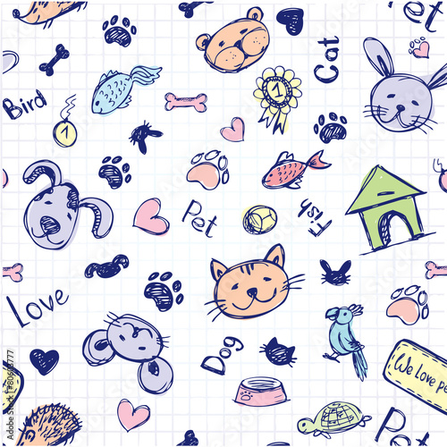 seamless pet pattern, hand drawing, vector