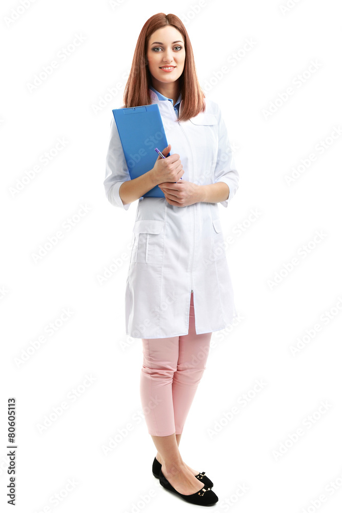 Young beautiful doctor with clipboard isolated on white Young beautiful doctor with clipboard isolated on white