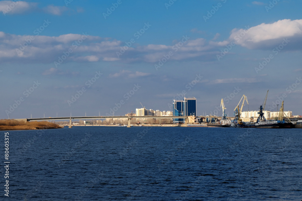 Volga river and Astrakhan city skyline (Russia)
