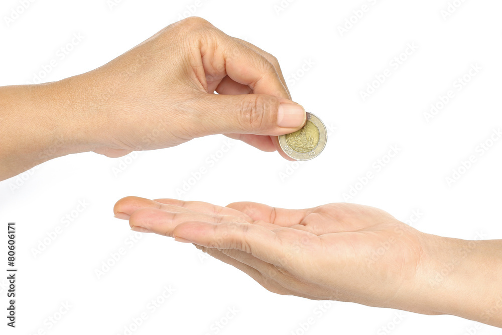 Human hand to gold or precious objects. Welfare recipients and precious objects. Or assignment of a value to another party. Business concept, counting coin isolated on white. 