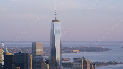 Aerial zoom in to One World Trade CenterNew York City