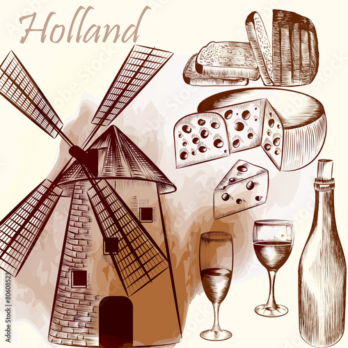 Engraved background with mill, vine, cheese and bread