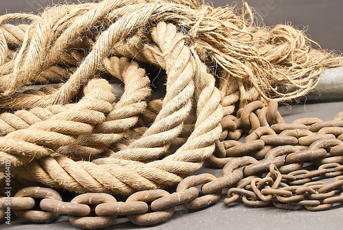 Manila rope and chain under soft light photo