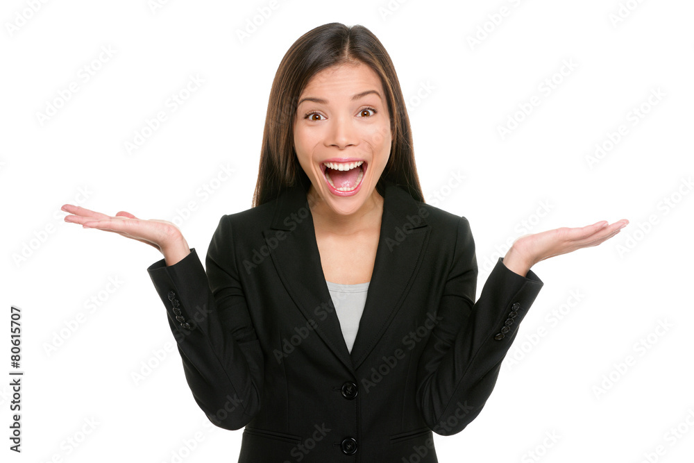 Surprised businesswoman with open hands up Surprised businesswoman with open hands up