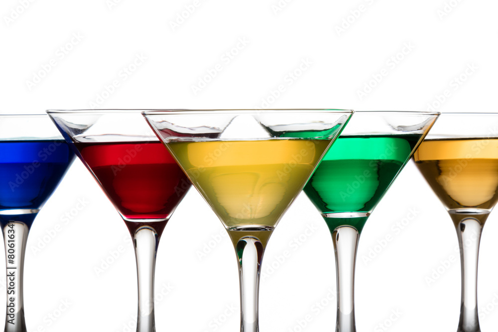 color cocktails in martini glasses