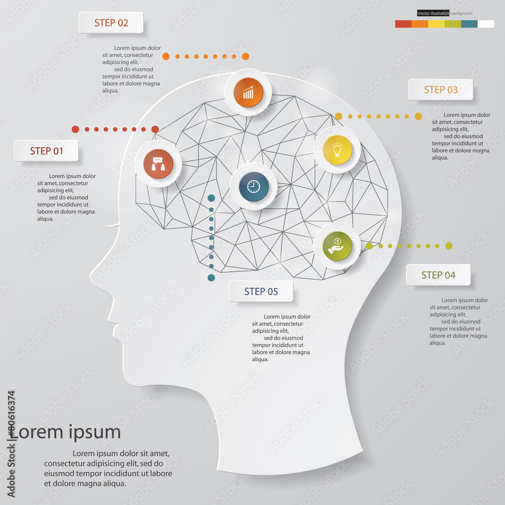 Design human head and brain template/graphic 5 Steps Chart. Stock Design human head and brain template/graphic 5 Steps Chart. Stock