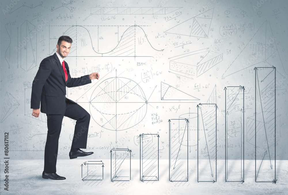 Business man climbing up on hand drawn graphs concept Business man climbing up on hand drawn graphs concept
