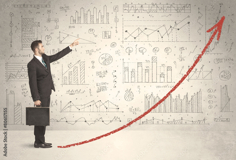 Business man climbing on red graph arrow concept Business man climbing on red graph arrow concept