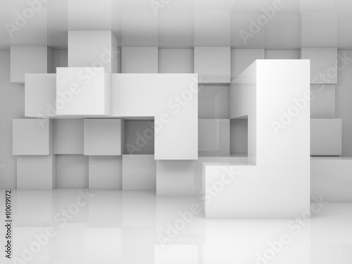 Abstract interior with white chaotic cubes pattern