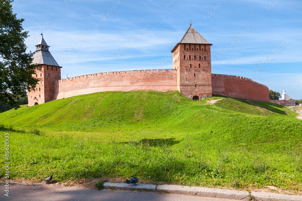 Walls of the Novgorod Kremlin in summer sunny day. Founded in 10