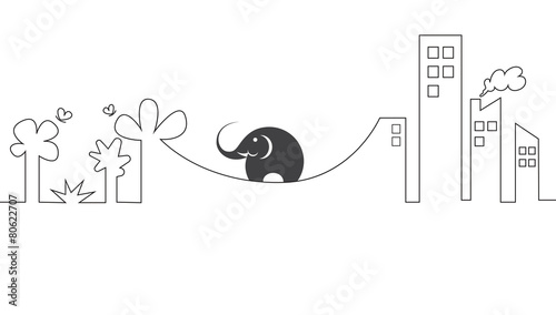 Vector images of elephants on a rope. Concept of difficulty