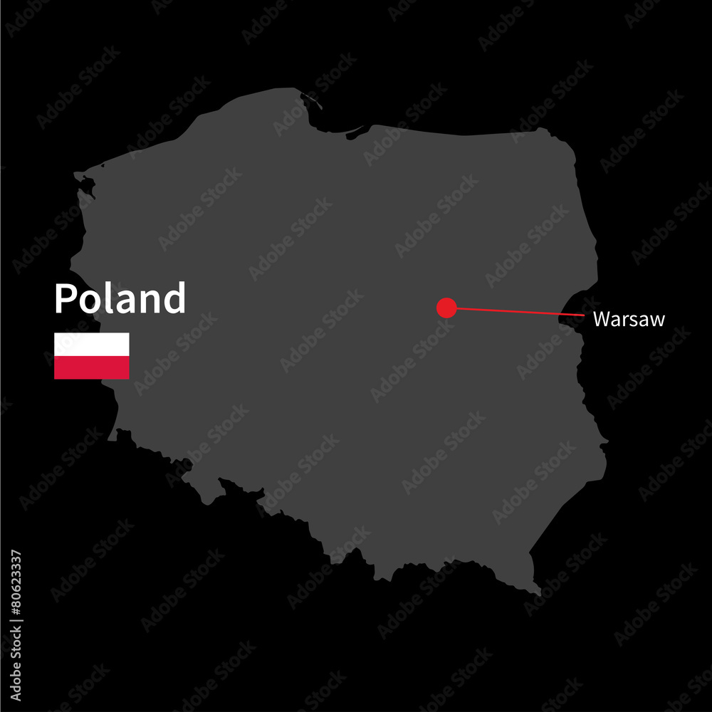 Naklejka premium Detailed map of Poland and capital city Warsaw with flag on