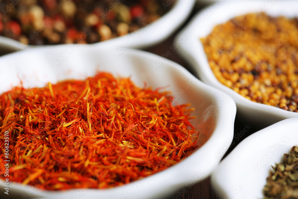 Different kinds of spices in ceramics spoons, close-up, Different kinds of spices in ceramics spoons, close-up,