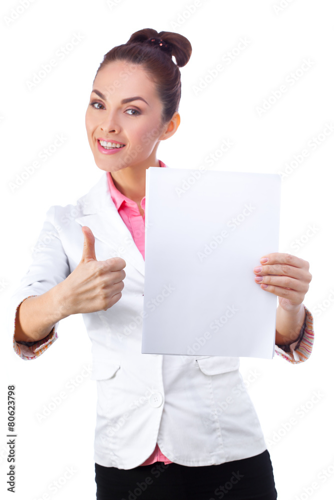 Smiling businesswoman holding blank whiteboard sign, thumbs up Smiling businesswoman holding blank whiteboard sign, thumbs up