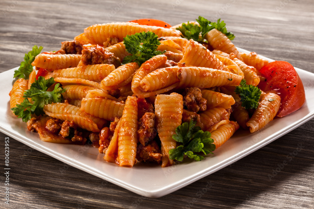 Pasta with meat, tomato sauce and vegetables Pasta with meat, tomato sauce and vegetables
