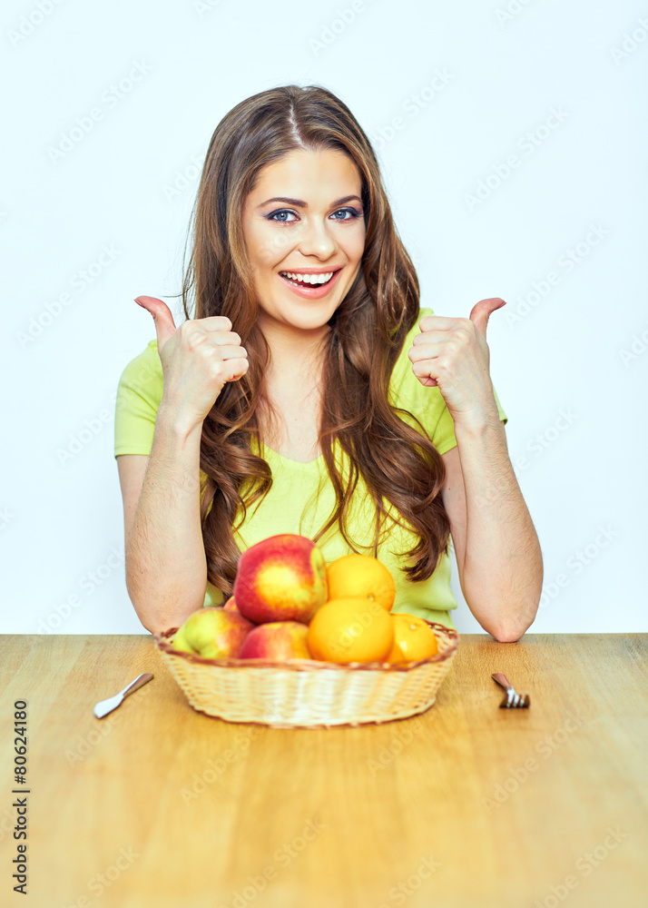 diet concept portrait of young woman showing thumbs diet concept portrait of young woman showing thumbs