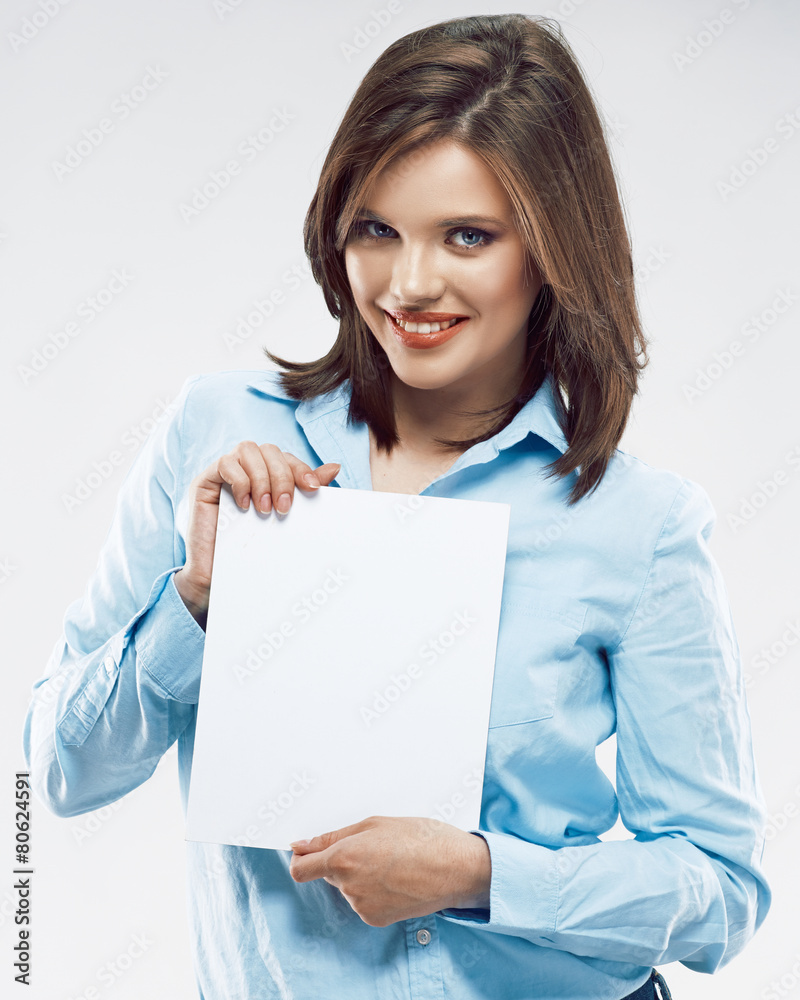 Smiling business woman show white blank card for sign. Smiling business woman show white blank card for sign.