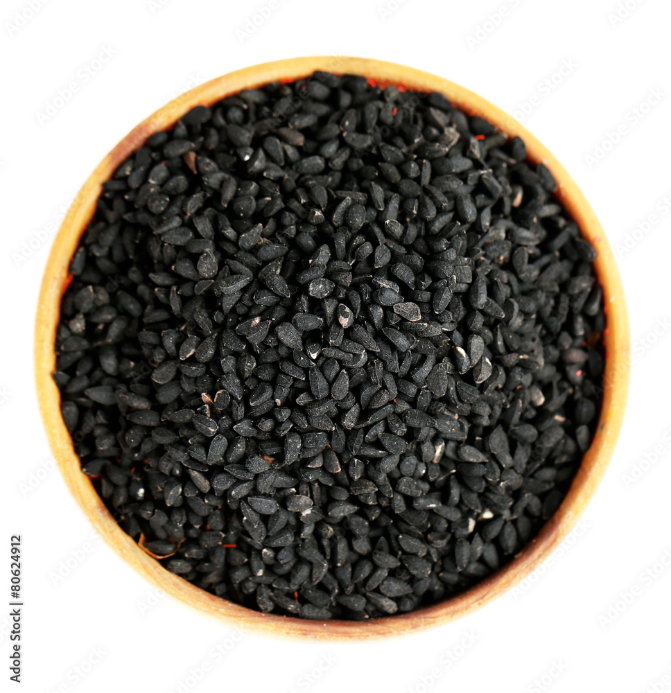 Black sesame in wooden bowl, isolated on white Black sesame in wooden bowl, isolated on white