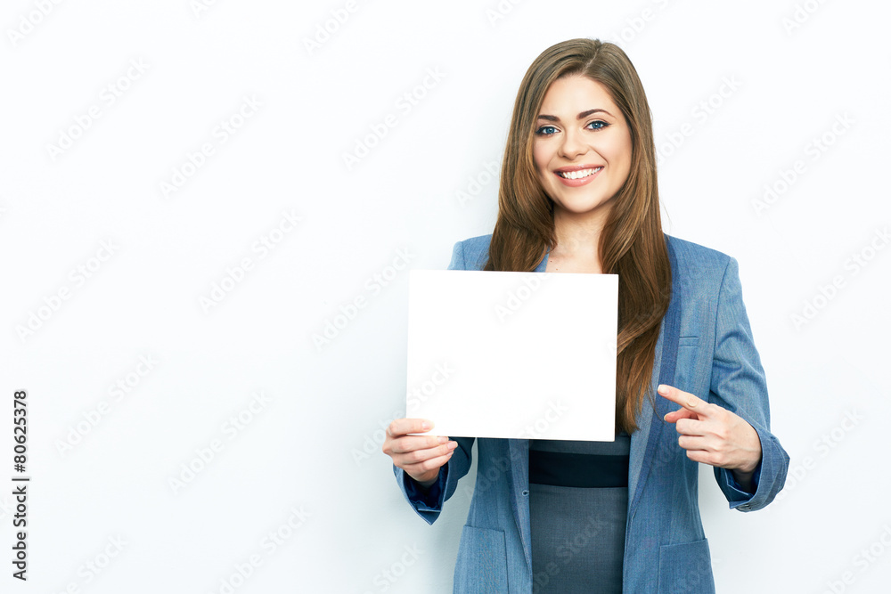 Finger pointing. Smiling business woman hold white card. Finger pointing. Smiling business woman hold white card.